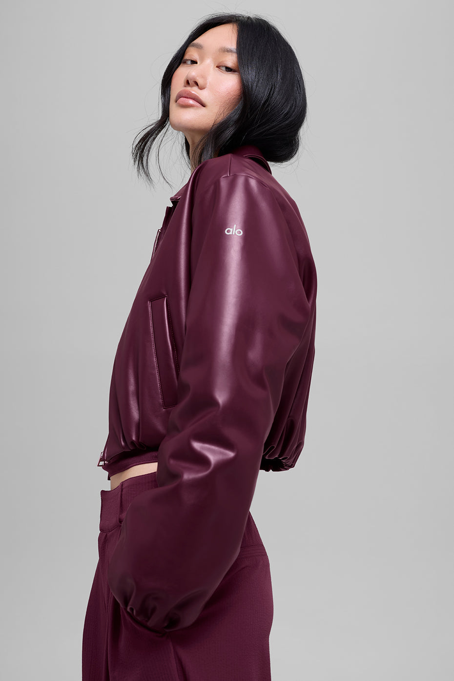 Faux Leather Cropped Premier Bomber - Burgundy — photo 5