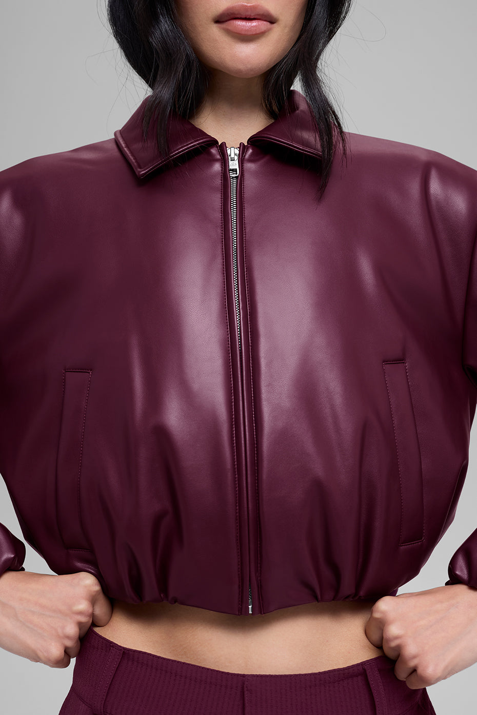 Faux Leather Cropped Premier Bomber - Burgundy — photo 2