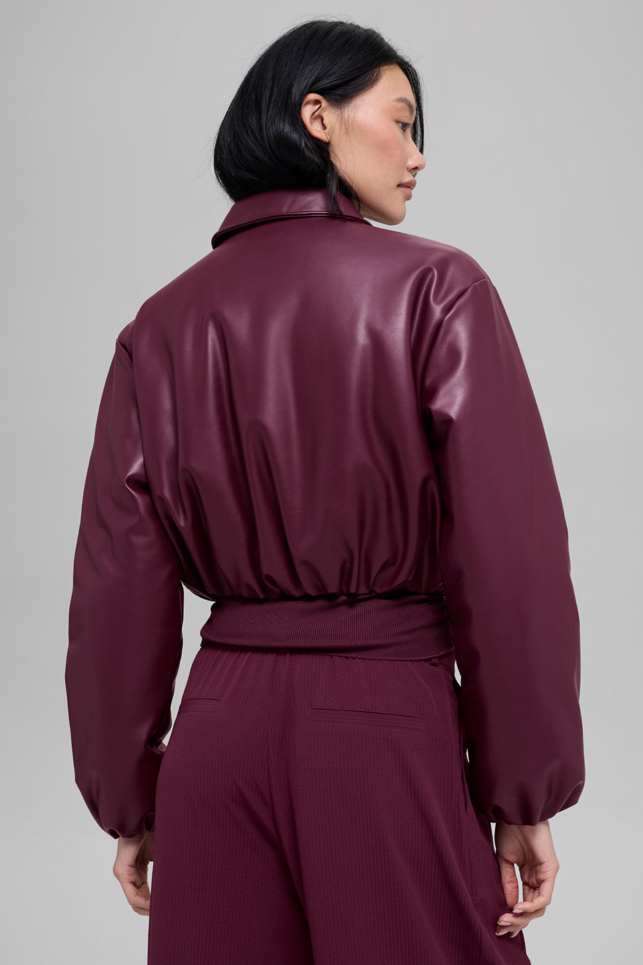 Faux Leather Cropped Premier Bomber - Burgundy — photo 3