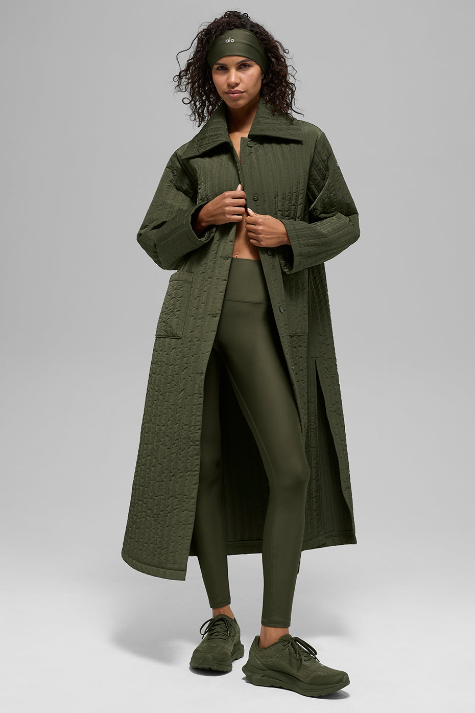 Quilted Skyline Long Coat - Green Olive — photo 1