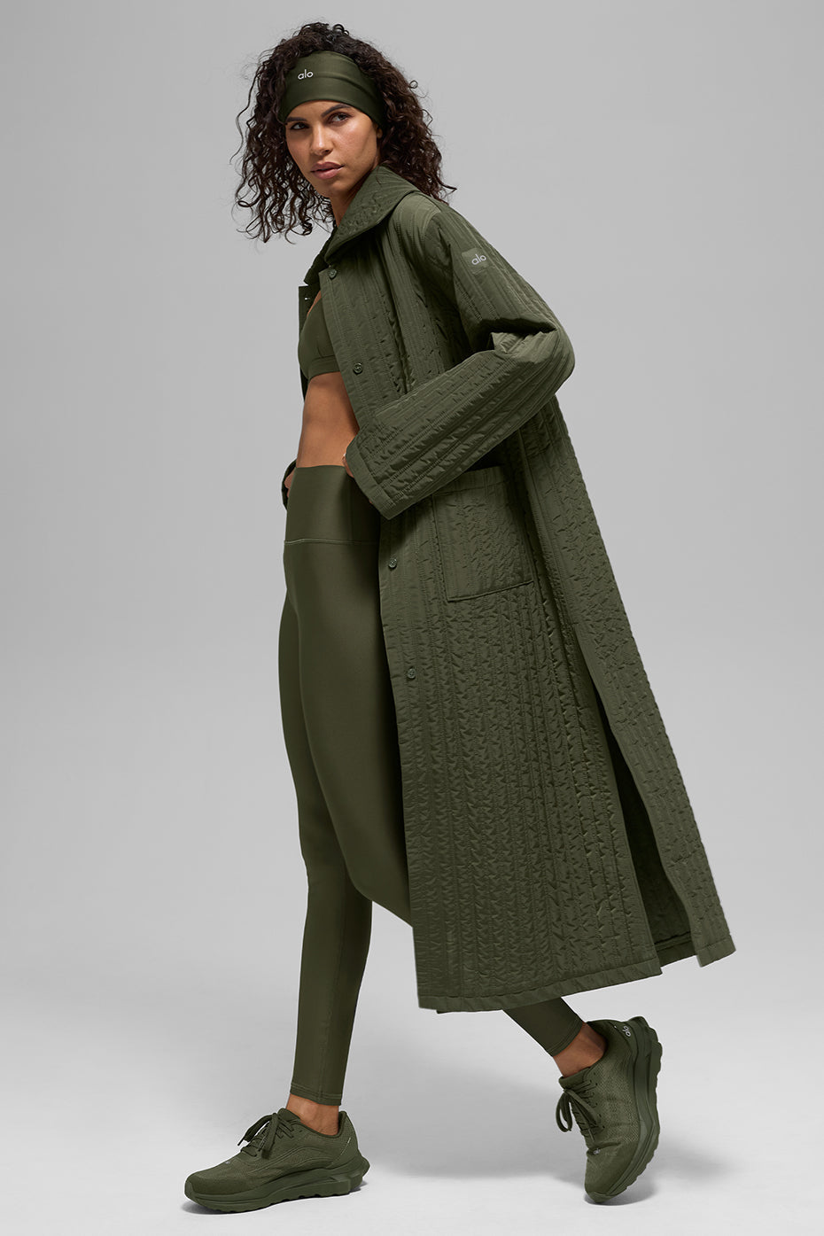 Quilted Skyline Long Coat - Green Olive — photo 4