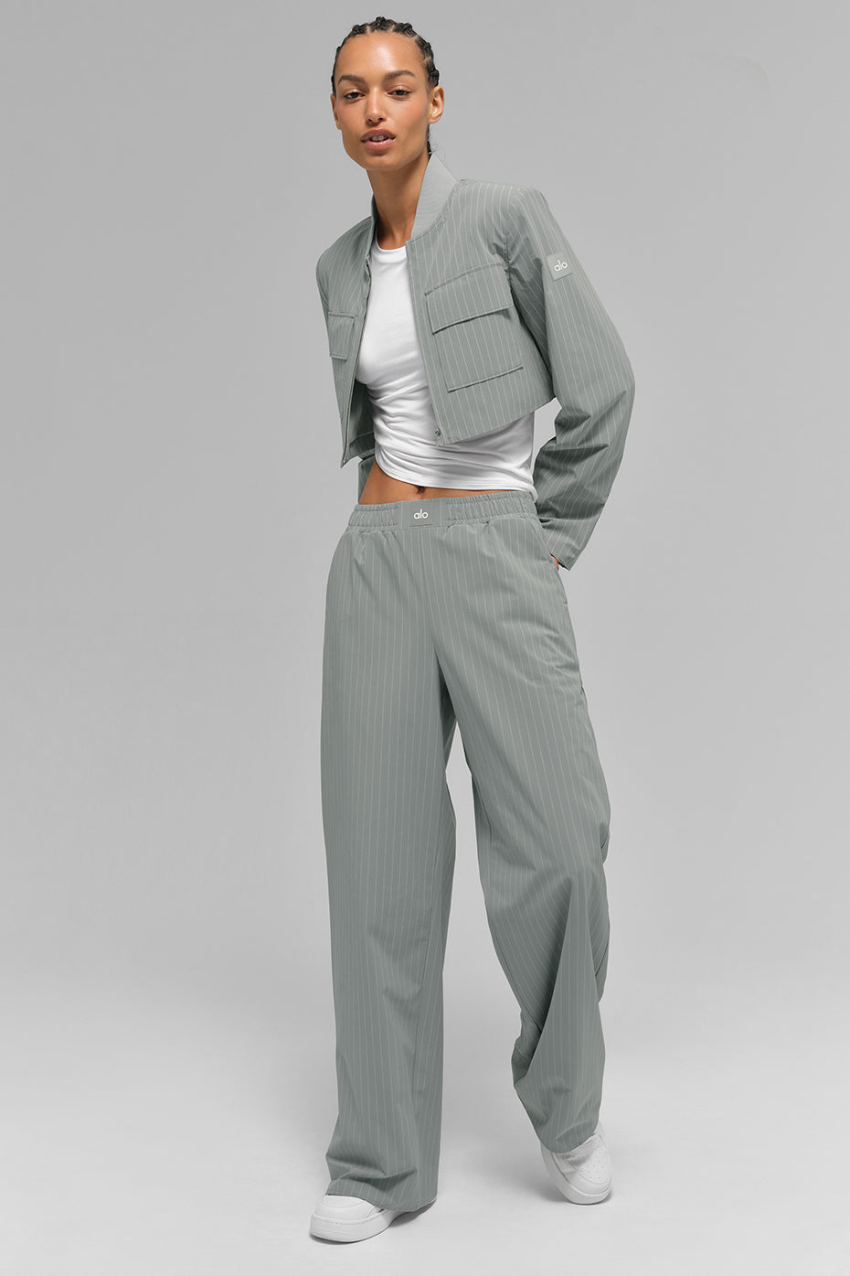 Cropped Pinstripe Main Character Full Zip Jacket - Lunar Grey/White — photo 6