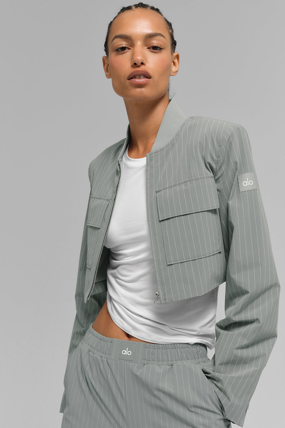 Cropped Pinstripe Main Character Full Zip Jacket - Lunar Grey/White — photo 3