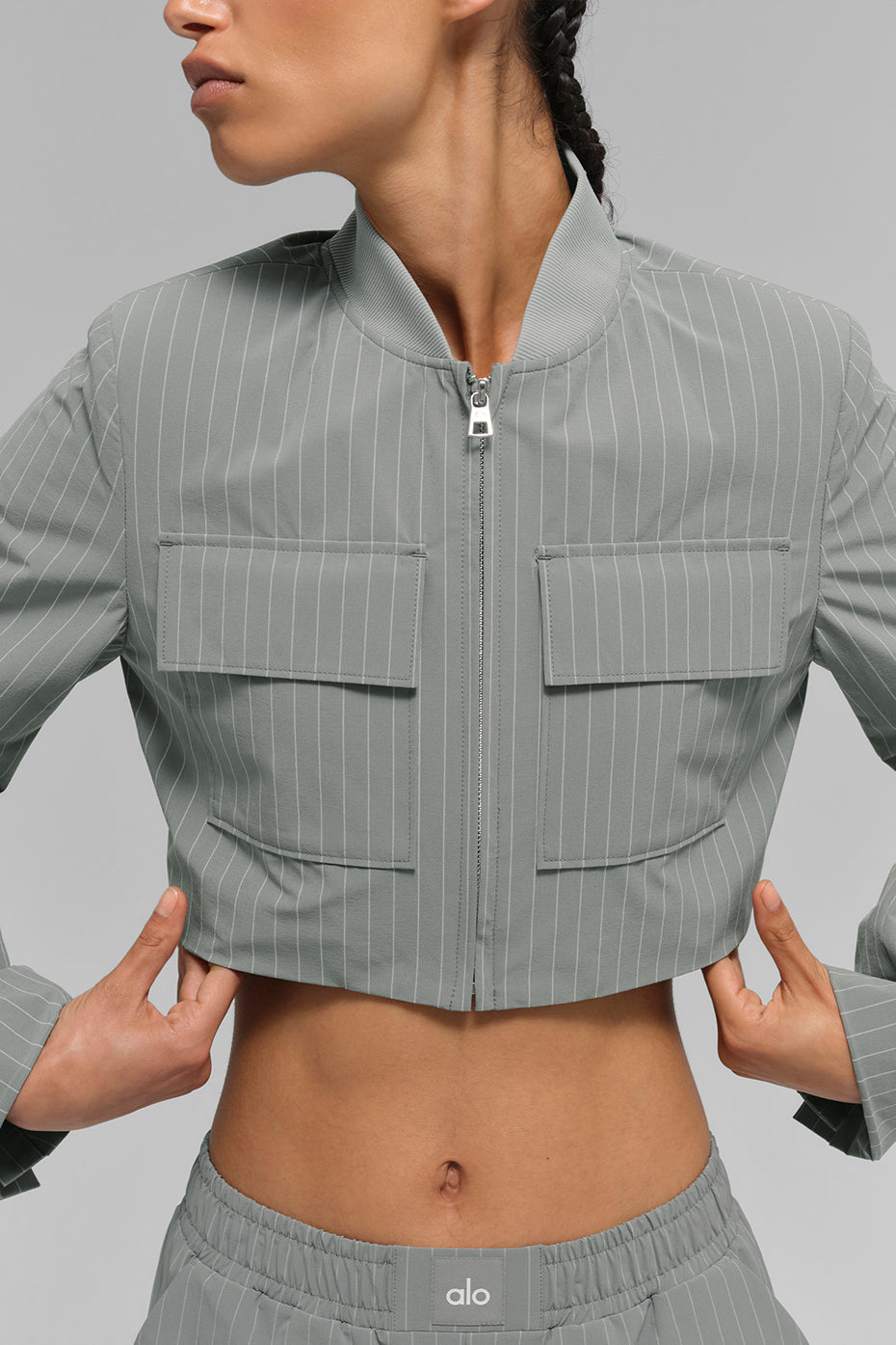 Cropped Pinstripe Main Character Full Zip Jacket - Lunar Grey/White — photo 2