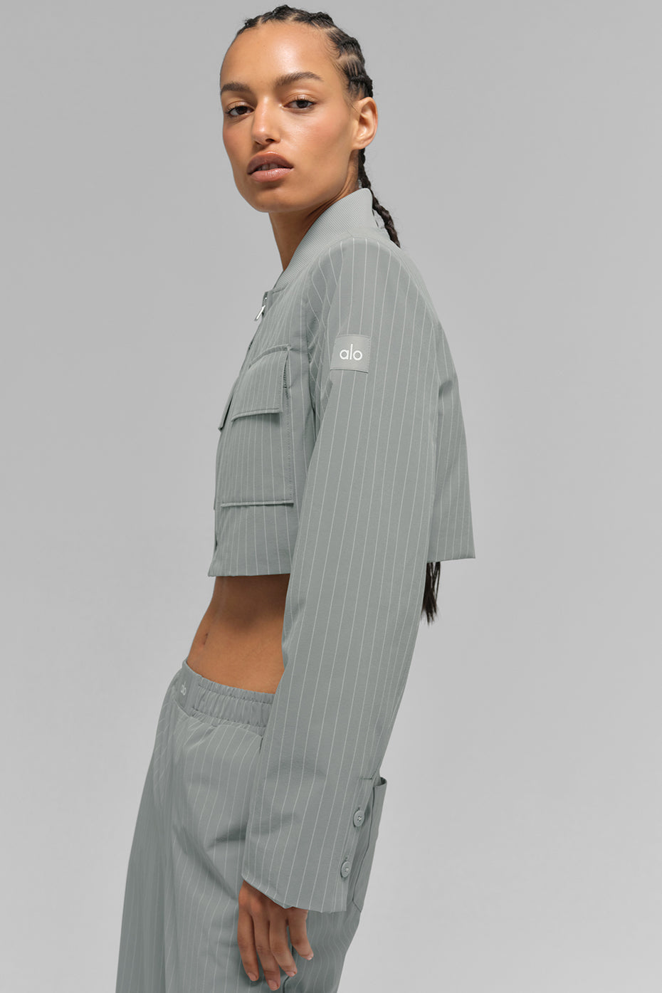 Cropped Pinstripe Main Character Full Zip Jacket - Lunar Grey/White — photo 5