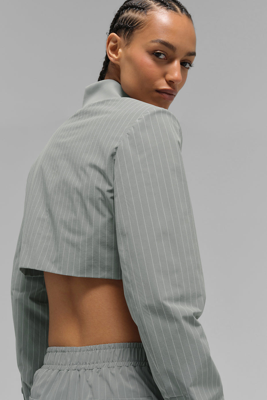 Cropped Pinstripe Main Character Full Zip Jacket - Lunar Grey/White — photo 4
