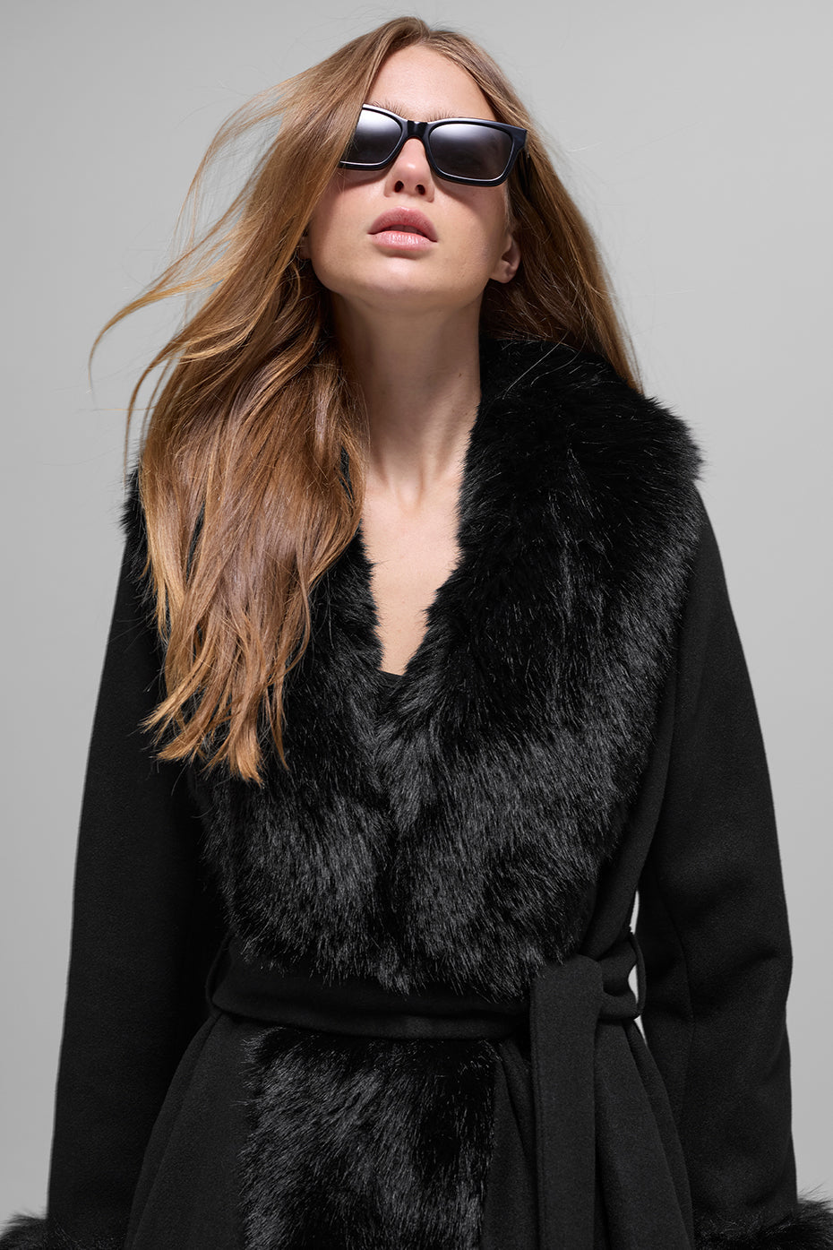 Faux Fur Trimmed Longline Coat - Black — photo 3