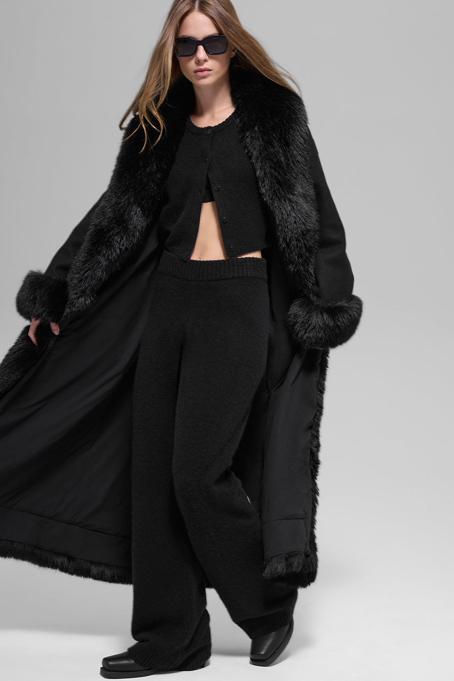 Faux Fur Trimmed Longline Coat - Black — photo 5