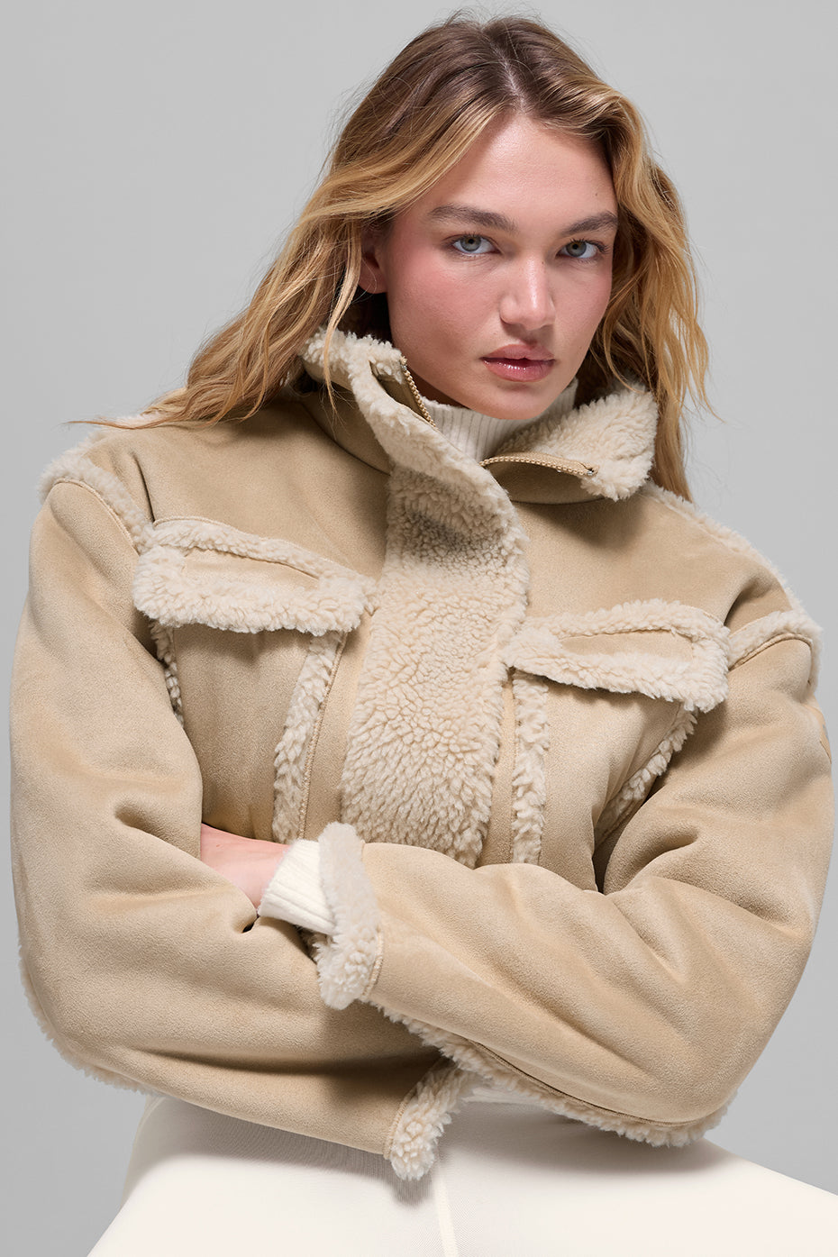 Faux Shearling Snowfall Cropped Jacket - Woodland Tan — photo 4