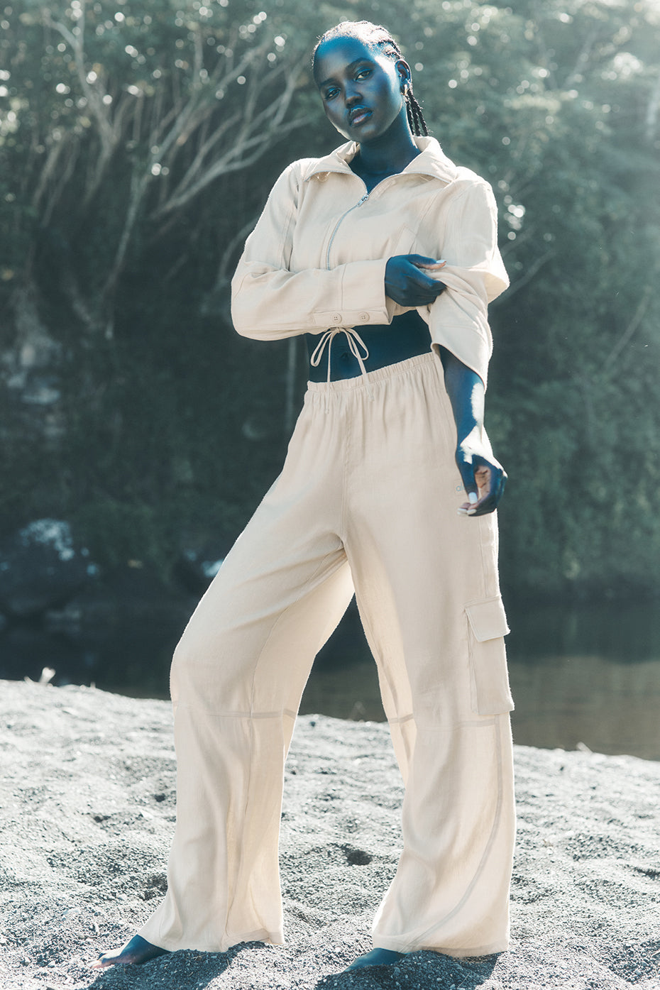 Linen Getaway Cargo Wide Leg Pant - Macadamia — photo 1