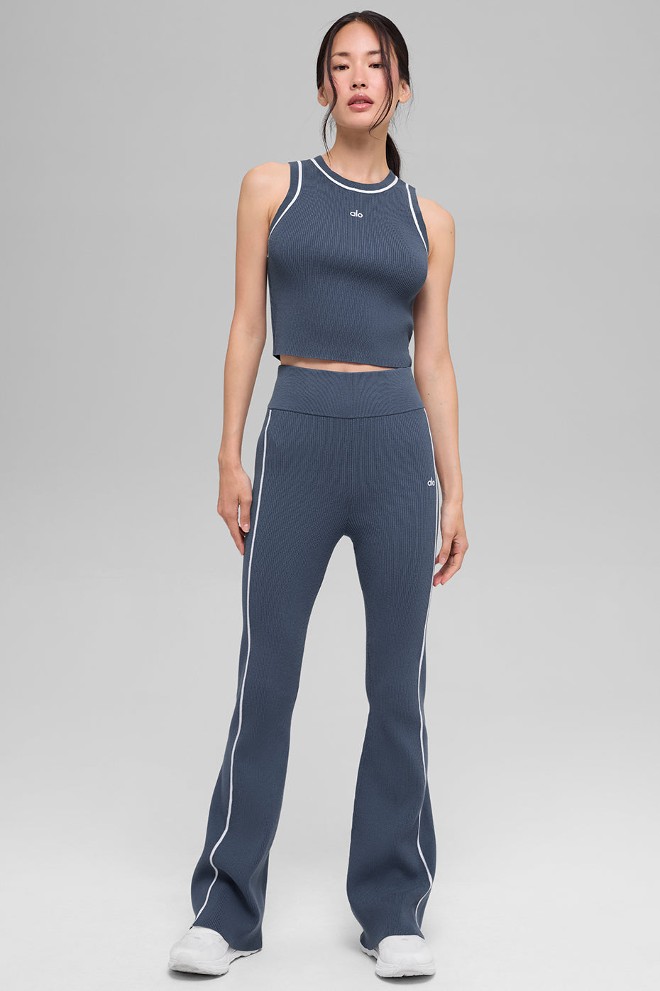 Ribbed Sweater Knit Highline Flare Pant - Bluestone/White — photo 6
