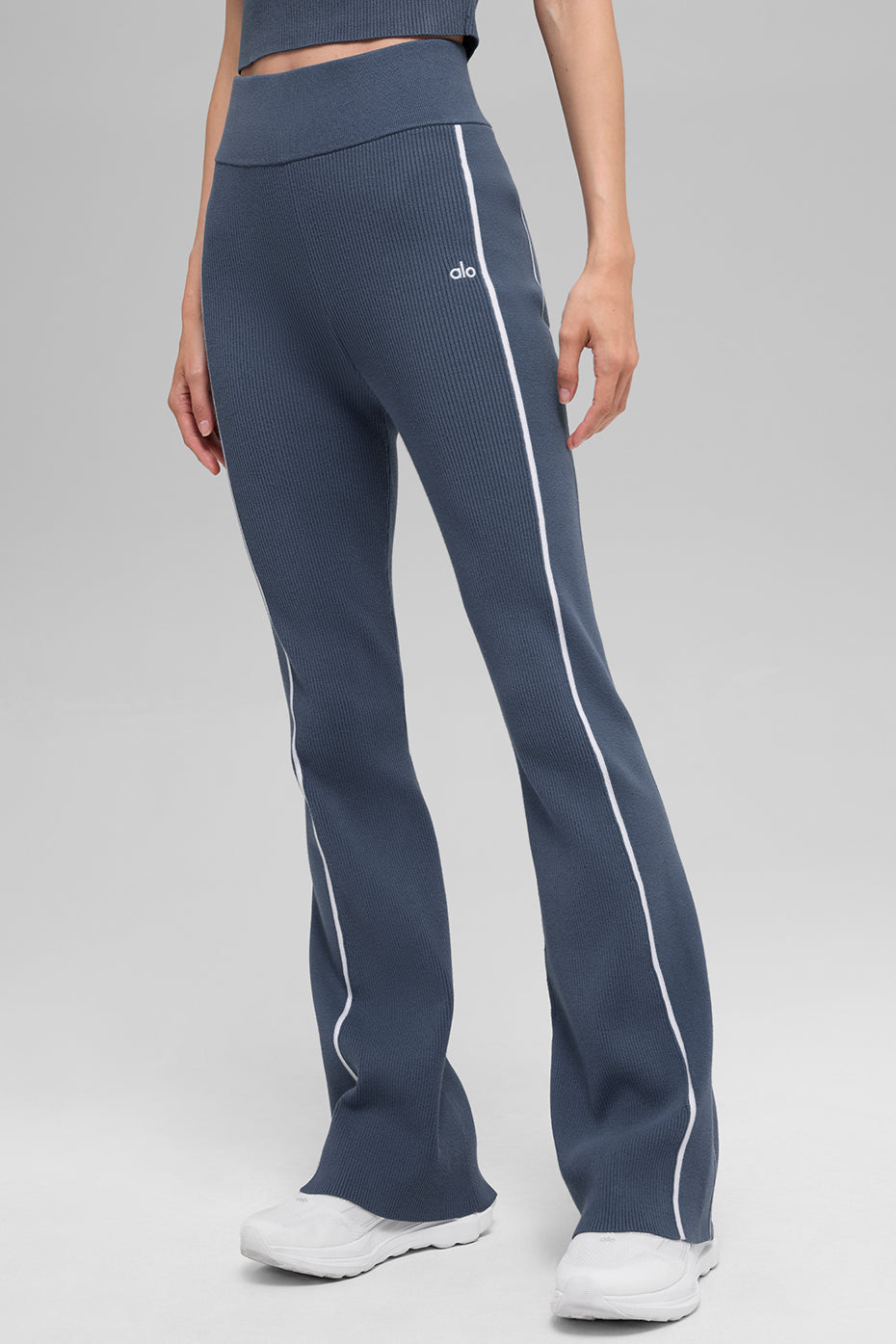 Ribbed Sweater Knit Highline Flare Pant - Bluestone/White — photo 3