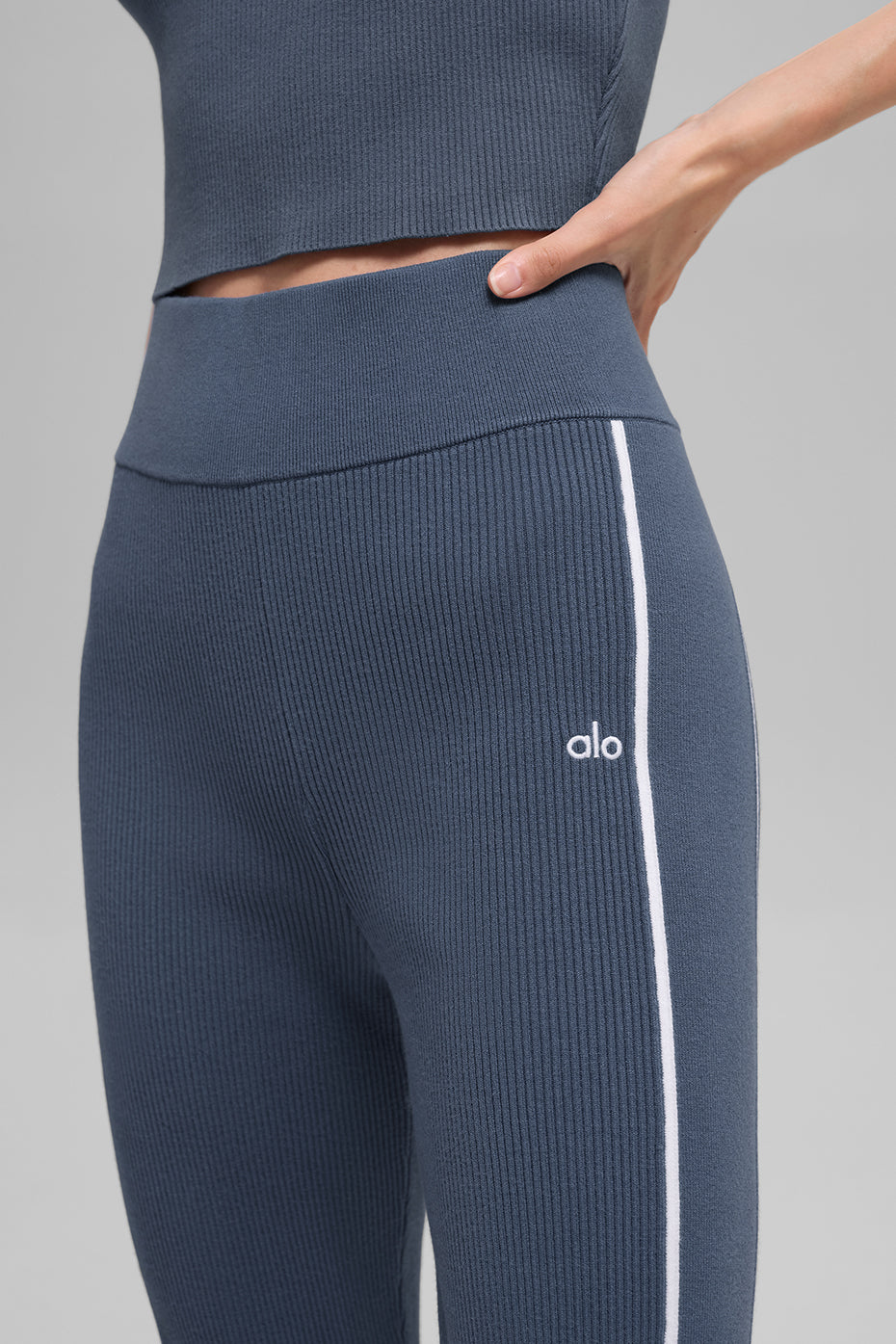Ribbed Sweater Knit Highline Flare Pant - Bluestone/White — photo 2