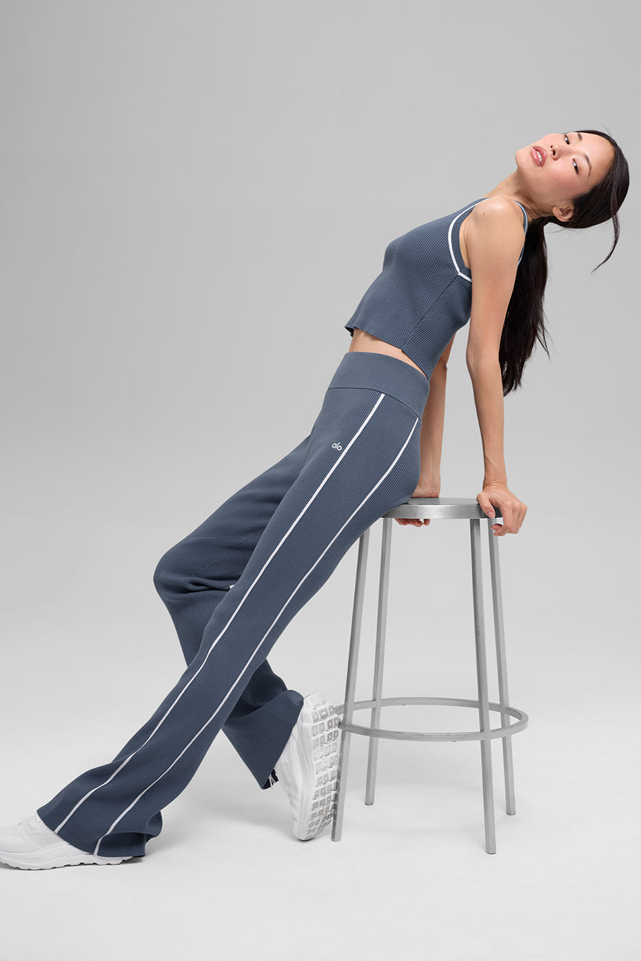 Ribbed Sweater Knit Highline Flare Pant - Bluestone/White — photo 5