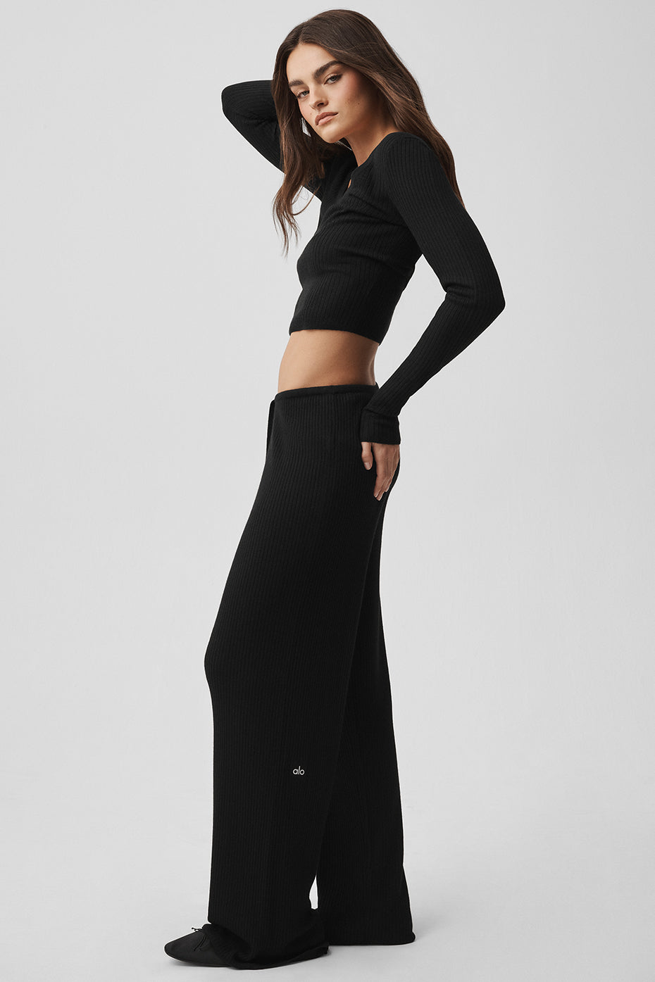 Sweater Knit Mid-Rise Unwind Wide Leg Pant - Black — photo 5
