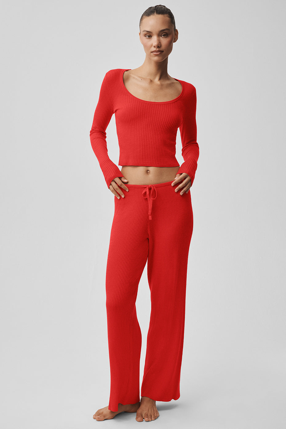 Sweater Knit Mid-Rise Unwind Wide Leg Pant - Bright Red — photo 6