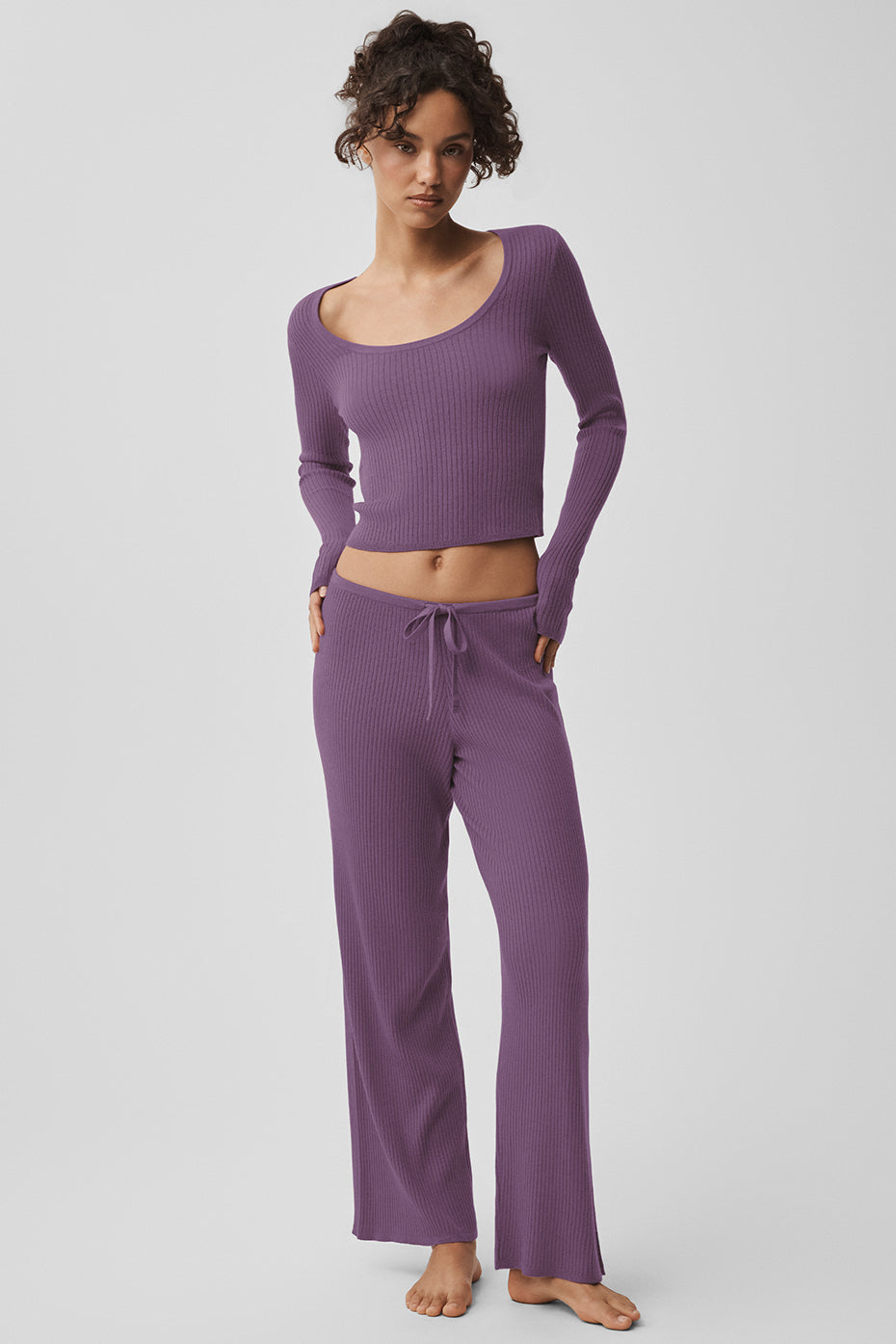 Sweater Knit Mid-Rise Unwind Wide Leg Pant - Plum Kiss — photo 5