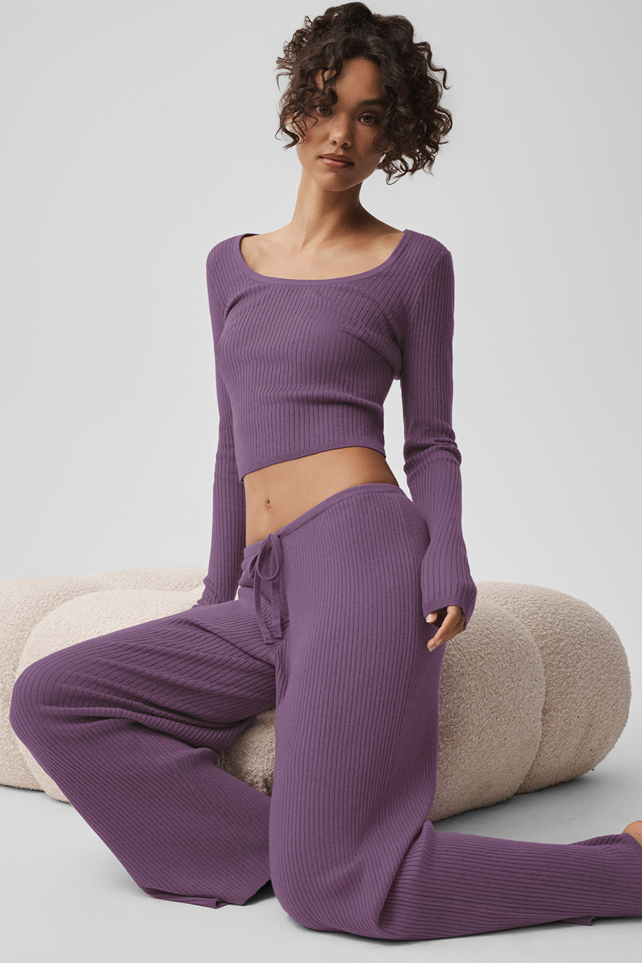 Sweater Knit Mid-Rise Unwind Wide Leg Pant - Plum Kiss — photo 3