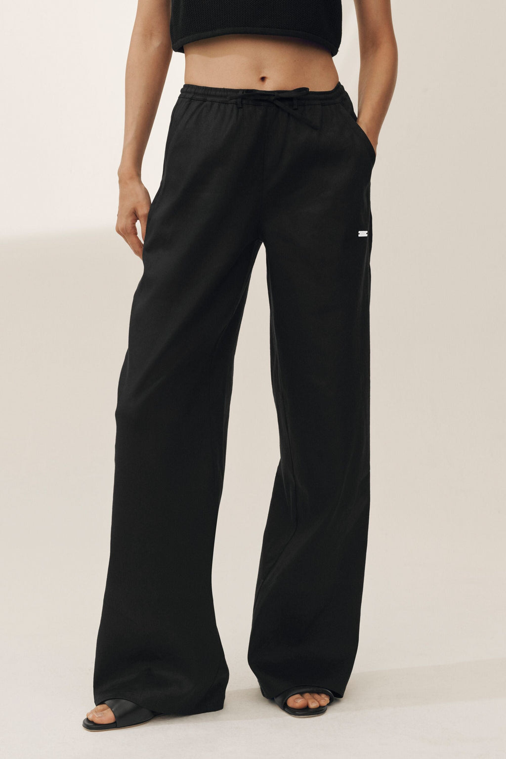 Linen Blend Riviera Wide Leg Pant - Black — photo 2
