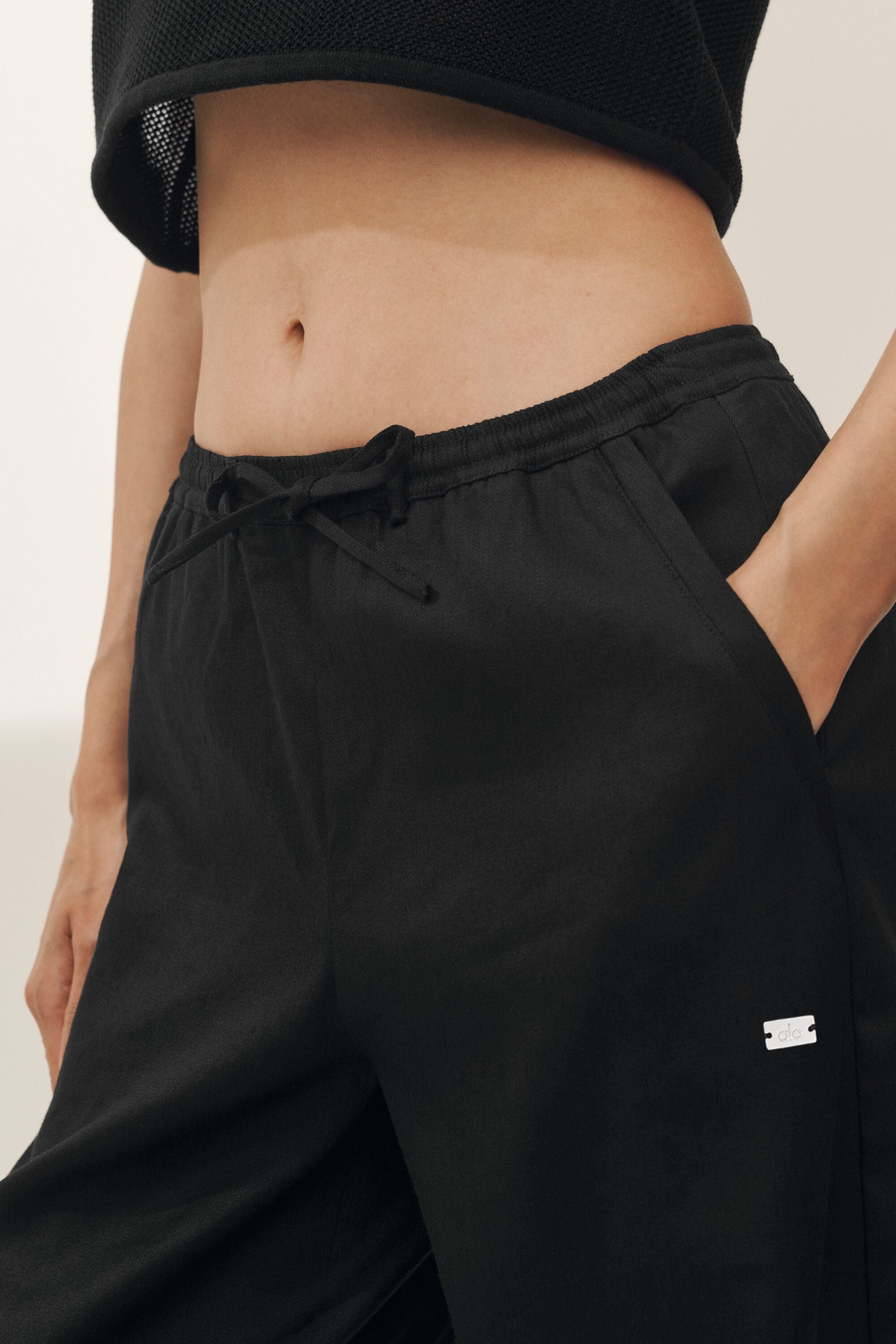 Linen Blend Riviera Wide Leg Pant - Black — photo 3