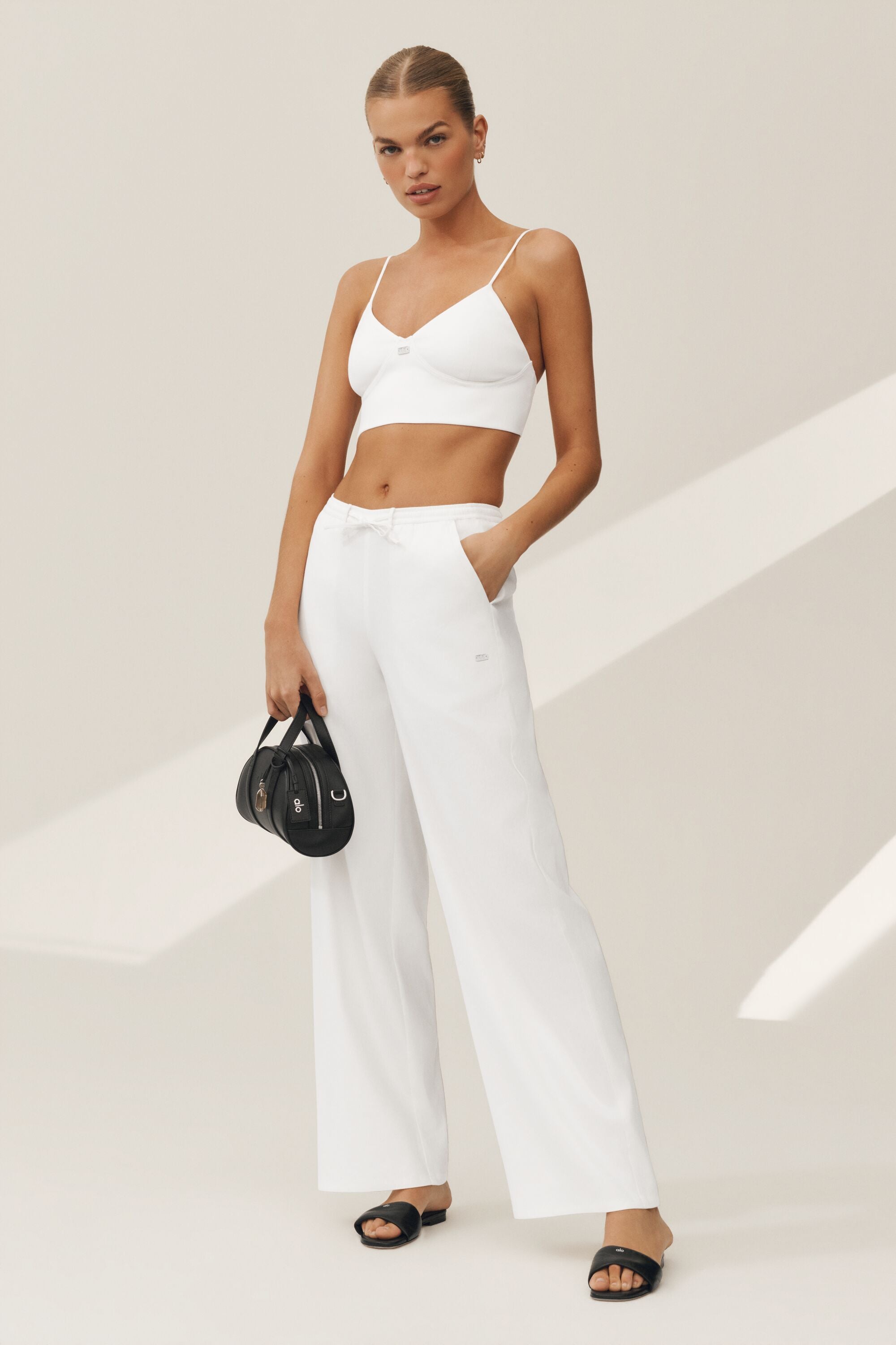 Linen Blend Riviera Wide Leg Pant - White — photo 3