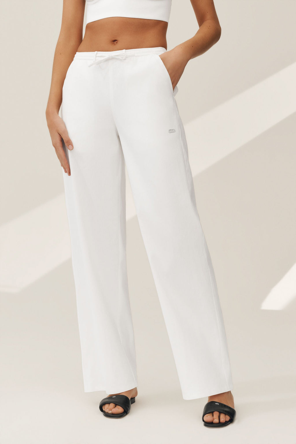 Linen Blend Riviera Wide Leg Pant - White — photo 5