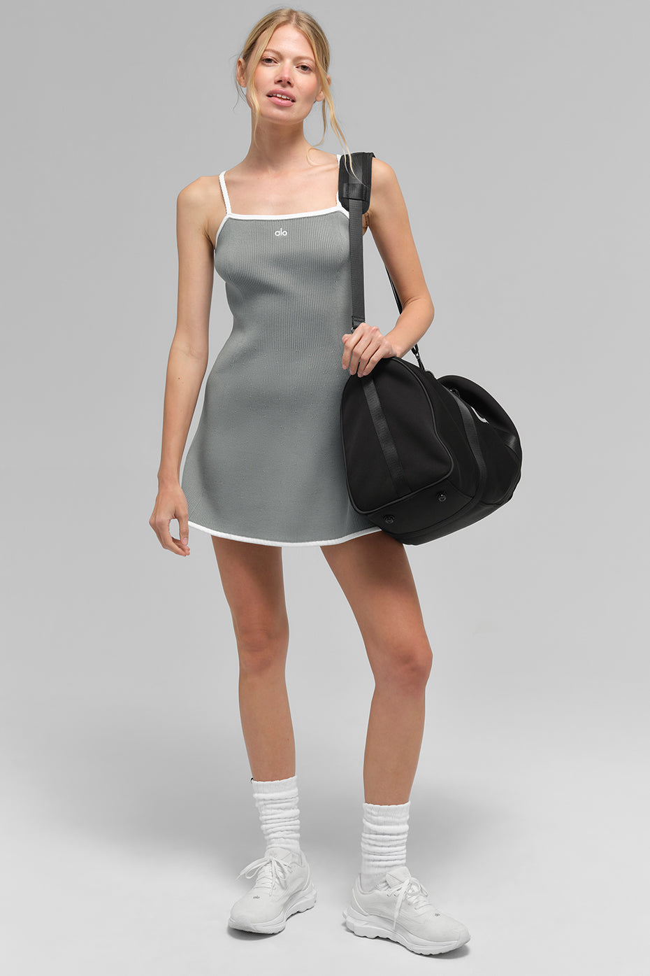 Ribbed Sweater Knit Highline Dress - Lunar Grey/White — photo 4