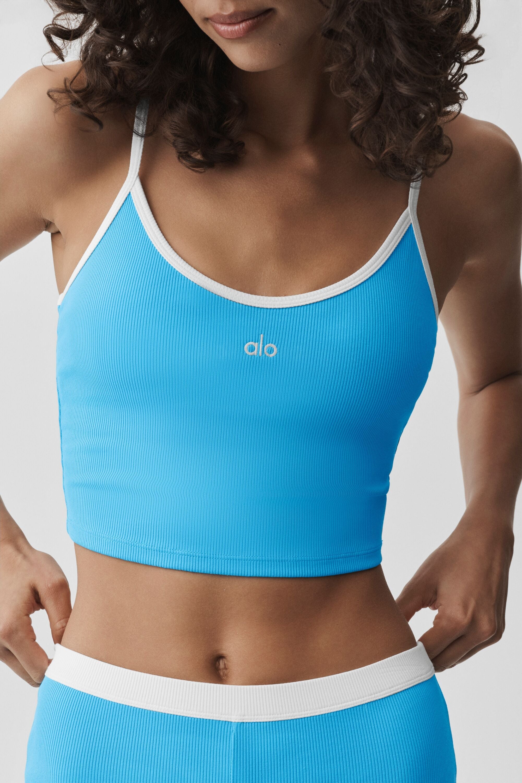Goddess Ribbed First Pick Bra Tank - Azure Blue/White — photo 4